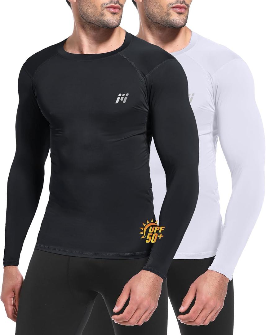 MEETYOO Compression Shirts for Men, UPF 50+ UV Swim Shirts, Long Sleeve/Short Sleeve Running Athletic Workout Rash Guard (XXL)