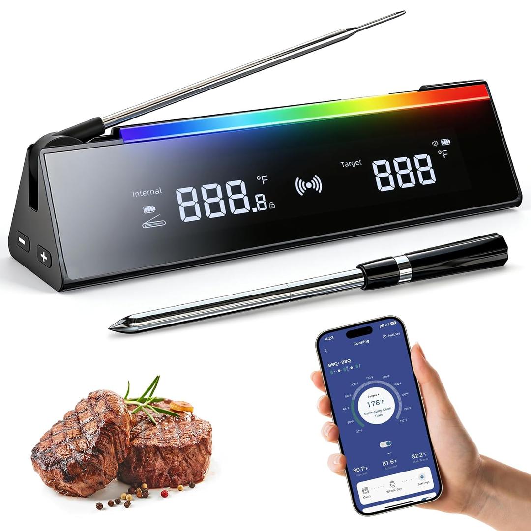 2 in 1 Wireless Meat Thermometer with 1 Wired Probe, RGB Cooking Progress Light, LCD Base, Smart APP Control, IPX8 Waterproof, Digital Food Thermometer for Grill, Smoker, Oven, Sous-Vide & Rotisserie (Black&Gray)