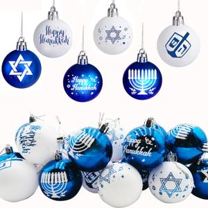 24 Pcs Happy Hanukkah Glitter Ball Ornaments for Tree,6 Styles Chanukah Hanging Ornaments Star of David Hanukkah Ornament Balls Sliver Blue Jewish Ornaments for Xmas Tree Decoration