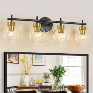 TOULMJ 27.56'' Black and Gold Bathroom Vanity Light, 4 Light Bathroom Light Fixtures Over Mirror, Modern Globe Glass Vanity Lighting Fixtures Brushed Gold Wall Sconce for Hallway Living Room