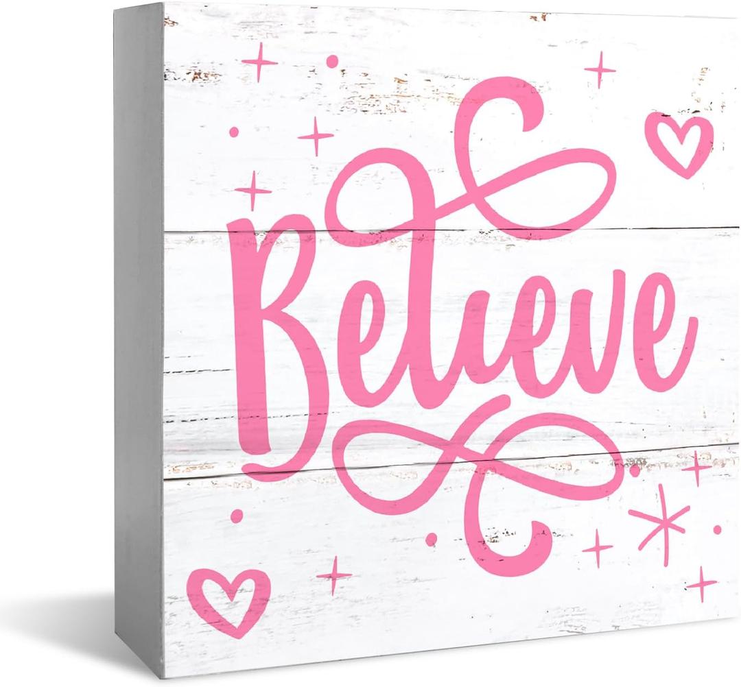 Wooden Box Signs: Believe, Merry Christmas, Perfect Pink & Red Decorations - 5x5 Inch, Great Gifts for Her