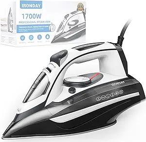 IRONDAY Steam Iron for Clothes 20s Fast Heatup,1700W Iron with 14.07oz Large Water Tank,NonStick Ceramic Soleplate, AntiDrip, AutoOff, Burst Steam, SelfCleaning, Ironing Clothes for Home, Grey