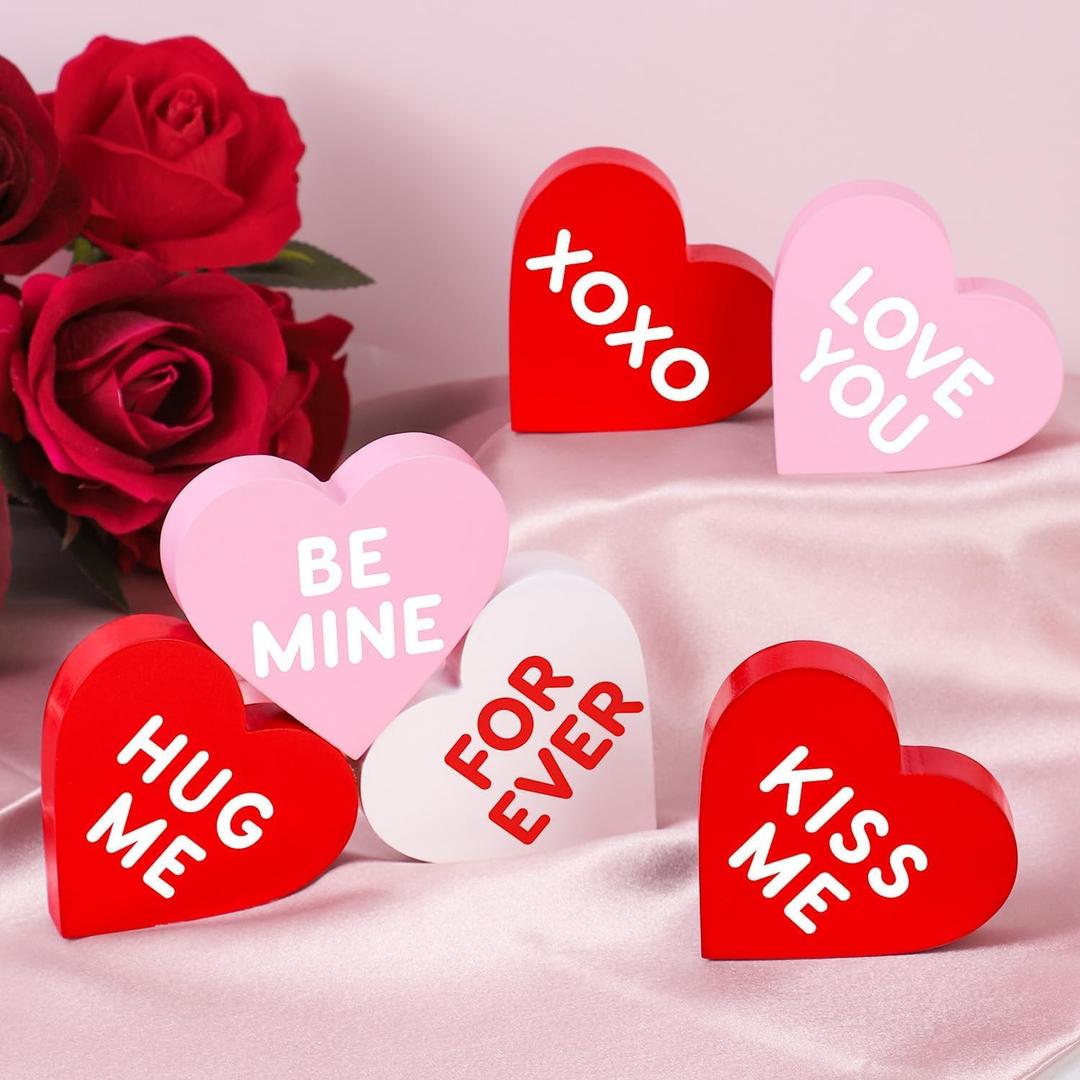 Valentines Day Decorations, 6 Pcs Valentines Day Heart Wooden Signs Decor for Tiered Tray, Happy Conversation Heart Shaped Sign Tabletop Wooden Centerpiece for Anniversary Wedding Home Party Supplies