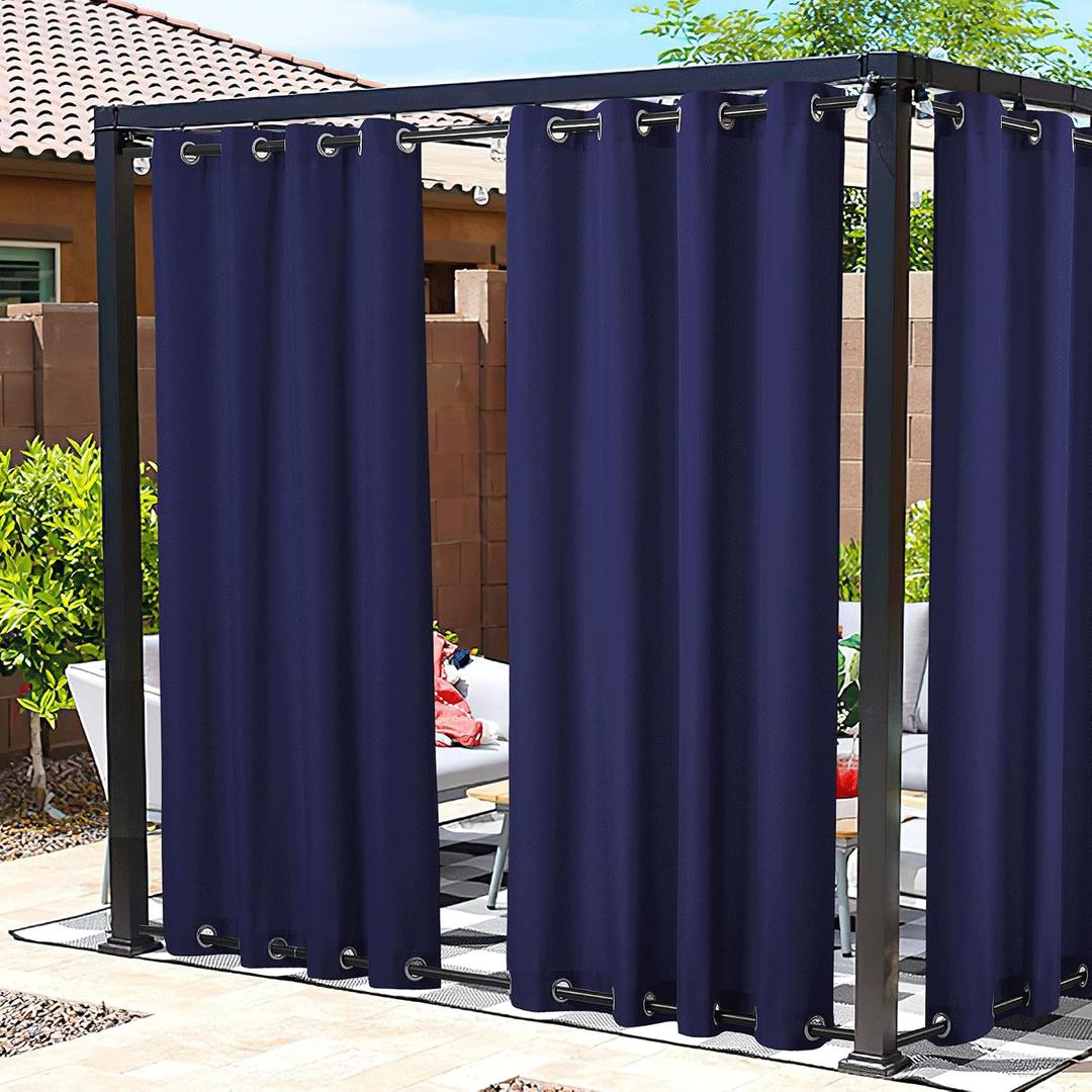 NICETOWN Canvas Outdoor Waterproof Patio Curtains, Rustproof Top and Bottom Grommets Thermal Insulated Fixed Vertical Drapes Windproof for Porch/Cabana, Dark Blue, W55 x L84, 2 Pieces