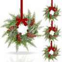 4 Pcs Mini Christmas Cabinets Wreath for Kitchen Small Christmas Ceder Candle Rings Wreaths Artificial Norfolk Pine Red Berry Garland Hanging Ornament Farmhouse Wreath for Holiday Xmas Party Decor