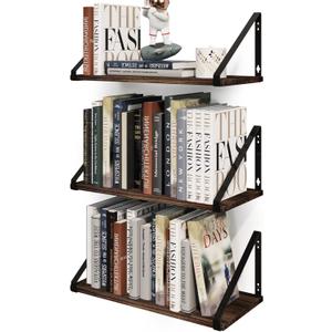 BAMEOS Floating Shelves Rustic Wood Wall Shelf, Small Bookshelf for Living Room, Office, Bedroom, with Metal Bracket