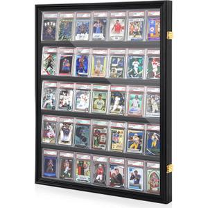 Graded Sports Card Display Case - 35 Baseball Sports Card Display Frame with UV Protection, Clear View Lockable Wall Cabinet for Collectible Trading Card