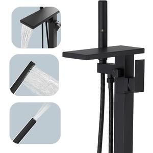 Hoimpro Tub Filler Freestanding Bathtub Faucet Matte Black Floor Mount Tub Faucet Waterfall Free Standing Bathtub Filler High Flow Brass Bath Shower Faucets with Handheld Sprayer