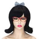 Flip Out Wig Black 50s and 60s Women Short Bob Halloween Hair Bow and Red Glasses Synthetic Bang Wig