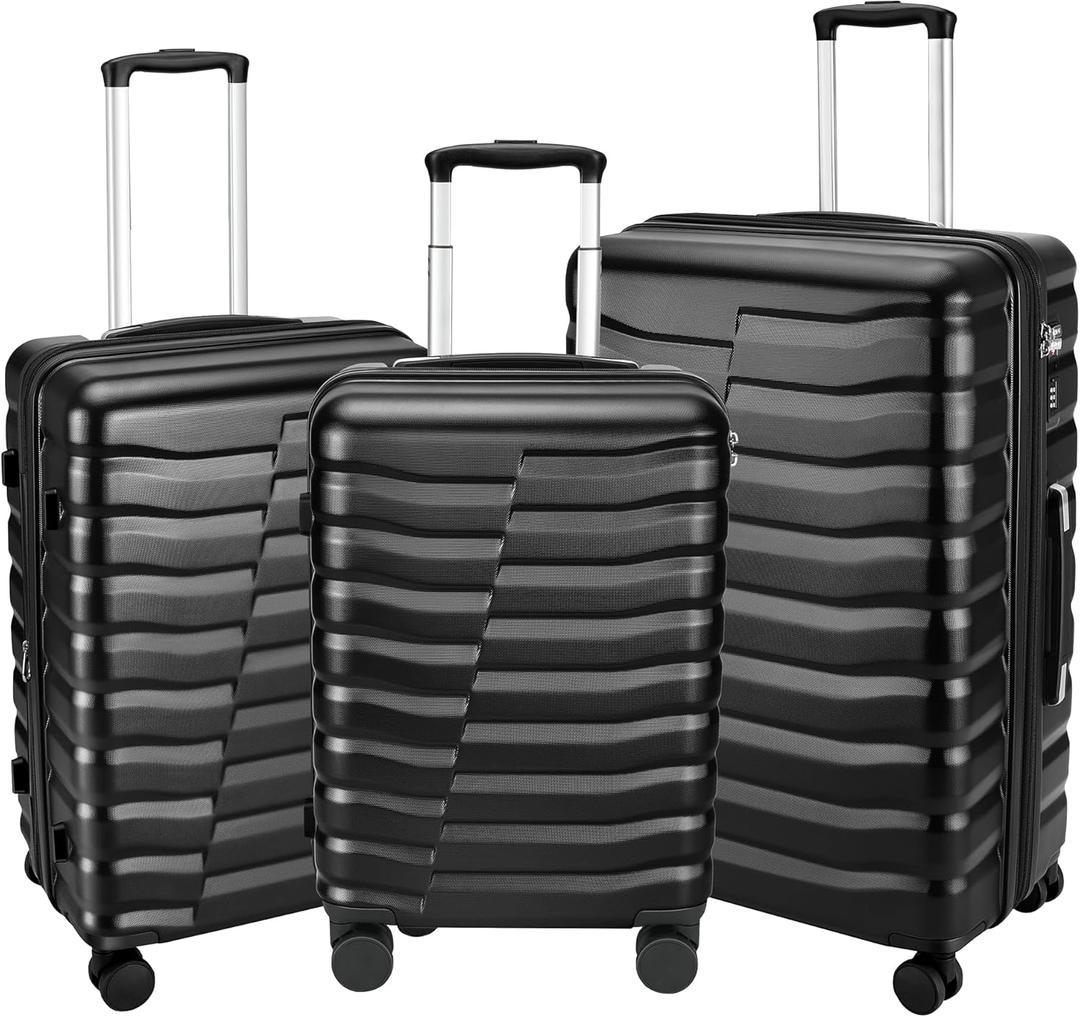 Lightweight Luggage with Spinner Wheels & YKK Zipper, Hard Shell 3-Piece Suitcase ABS+PC Hardside Luggage Set with TSA Lock for Men Travel, Black (20+24+28 inch)