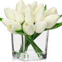 DILATATA Artificial White Tulips in Vase with Faux Water 5.5" Real Touch Flowers Fake Tulips Small Flowers Arrangement in Cube Glass Vase for Mother's Day Table Centerpiece Wedding Home Decor