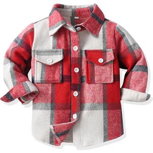 Toddler Boys' Girls' Flannel Plaid Shirt Button Down Long Sleeve Jacket Lapel Shacket Coat Tops Casual Outwear (18 Months, 80)