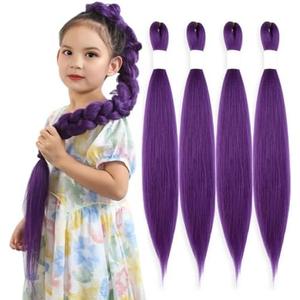 Purple Braiding Hair 20 Inch Pre Stretched Hair Long Straight Crochet Braids Yaki Texture Synthetic Fiber 4 Packs (Light Purple)