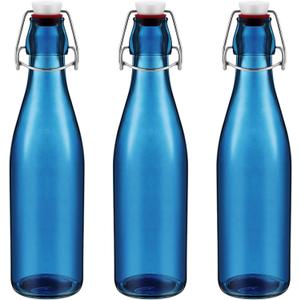 3 Pcs Blue Glass Bottle 500 ml / 16.9oz Decorative Bottles Blue Swing Top Glass Bottles with Airtight Lid for Homemade DIY Make Your Own Drinks, Decoration for Centerpieces