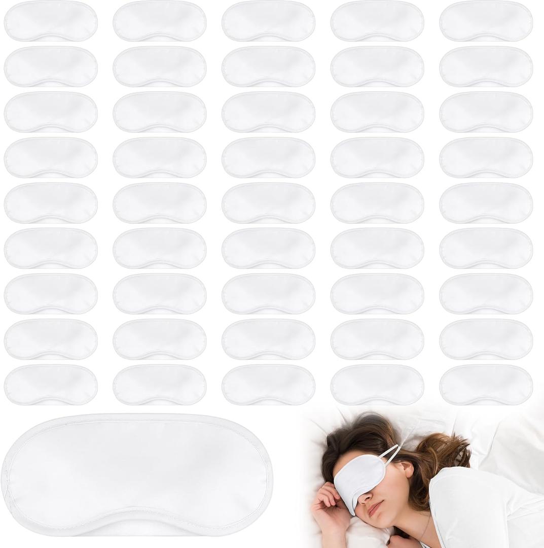 Aneco 50 Pieces Blindfold Sleep Mask Bulk Eye Mask Shade Cover with Nose Pad and Adjustable Strap for Travel Sleep Game Party Supplies, White