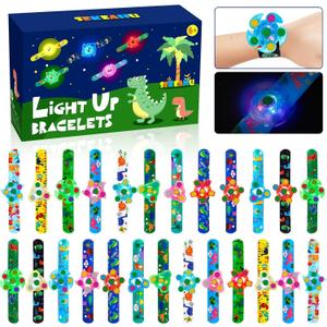 SEKEAHU 25 PCS Light Up Fidget Rotating Toy + 25PCS Slap Bracelets, Dinosaur Party Favors Stocking Stuffers for Kids 4-8-12 Goodie Bag Stuffers Glow in The Dark Supplies Gifts
