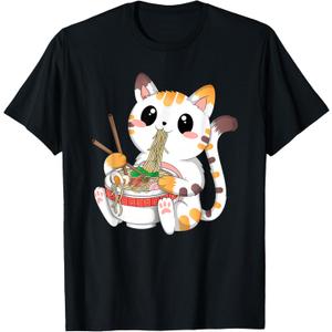 Japanese Anime Cat Ramen Noodles Kawaii Neko Women Men T-Shirt, Large