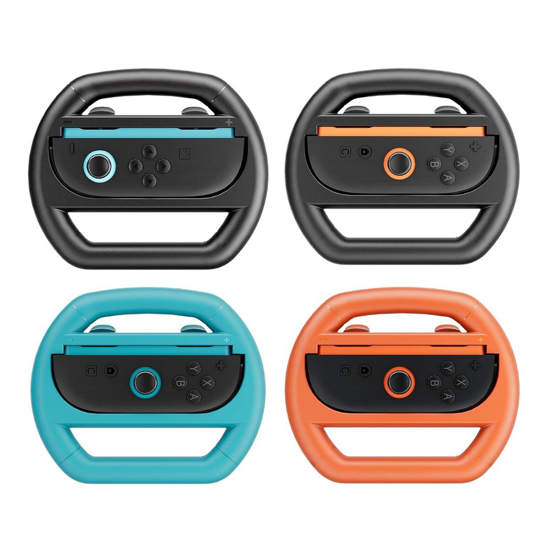 JCMO Steering Wheel for Nintendo Switch 2, Racing Wheels for Mario Kart Wolrd 8 Deluxe, 4 Pack Switch 2 Mario Kart Steering Wheel for Nintendo Switch 2 (2025) Accessories (Blue, Orange and 2 Black)