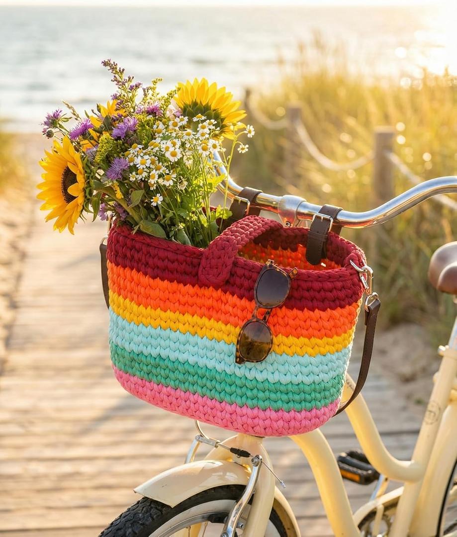 ANOME 2-in-1 Kids Bike Basket & Crossbody Bag - Handcrafted Crochet Handlebar Accessory for Girls Bicycles & Scooters - Soft Woven Shoulder Purse with Adjustable Straps (Pink Coquette Style)