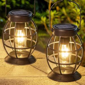 LeiDrail Solar Lantern Outdoor Hanging Solar Lights Metal LED Waterproof Christmas Lanterns Solar Powered Landscape Decor for Table Garden Yard Patio Pathway Porch,  2 Pack Retro Lantern