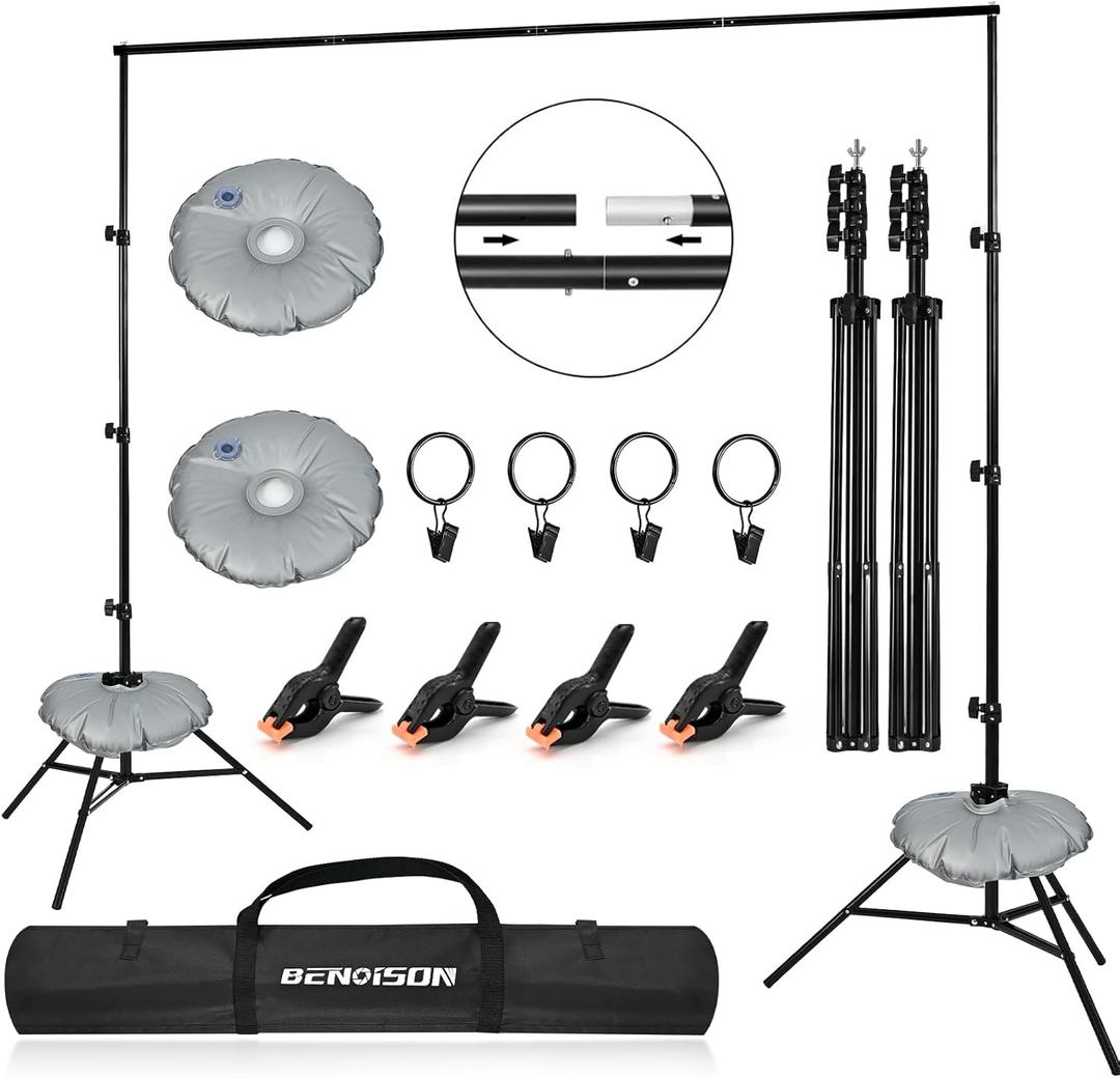 Backdrop Stand - 10x8.5ft(WxH) Photo Studio Adjustable Background Stand Support kit with 4 Crossbars, 8 Clips, 2 Waterbags and Carry Bag for Parties, Events Decoration, Wedding, Photography (Black)