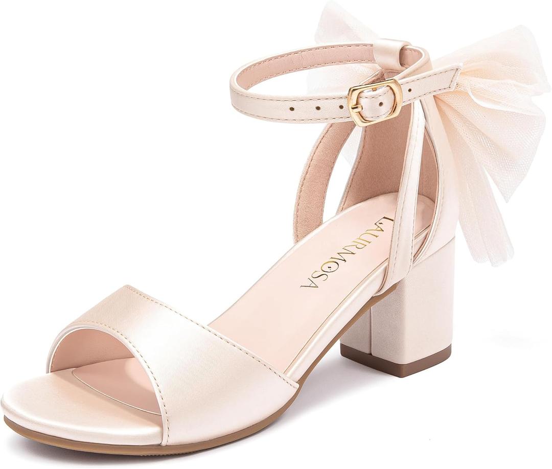 LAURMOSA Girls High Heels with Bow on Back Girls Sandals Open Toe Ankle Buckle Strap Dress Shoes for Little Big Kids Wedding Party (Beige), Size: 1 Big Kid