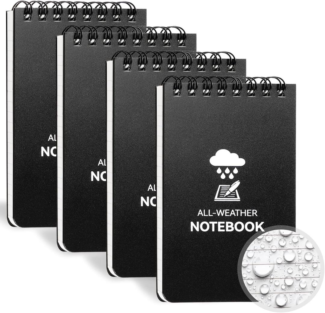 Waterproof Notebook, 4 Pack Top-Spiral Pocket Notepad, 3" x 5" Weatherproof NotePad, All Weather Police Pocket Notebook Little Memo Steno Note Pads for Outdoor Office School Recording, Black