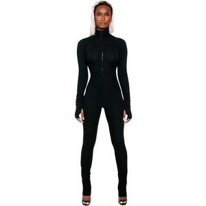 XLLAIS Women High Neck Zipper Ruched Bodycon Jumpsuit Tracksuit with Thumb Hole (Large, Black)