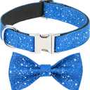 Blue Boy Dog Collar with Bow, Bling Male Bowtie Dog Collar for Puppy Small Medium Dogs, Cute Dog Collar for Daily Walking or Holiday Party (Neck fit 11-16)