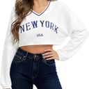 Remidoo Women's Embroidery Graphic Cropped Sweatshirt V Neck Loose Long Sleeve Crop Top (White, XL)