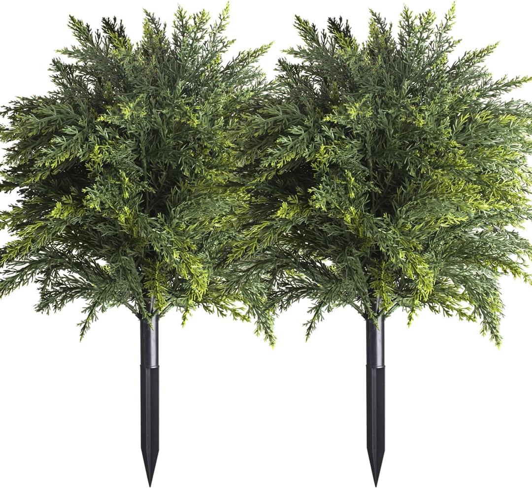 2-Pack Artificial Cedar Topiary Ball Trees 22" Outdoor UV Resistant Faux Cypress Shrubs with Ground Spike, Realistic Evergreen Bushes for Front Porch, Garden, Backyard, and Indoor Decor