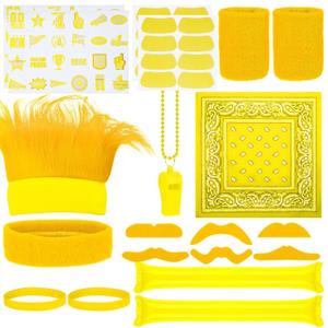 Bonuci 72 Pcs Yellow Spirit Wear Accessories Items Bulk Man Team Spirit Week Accessories Camp Day Item Fake Mustache Crazy Hair Wig Bandana Go Team Tattoo Noisemaker Bam Wristband Eyeblack Sticker