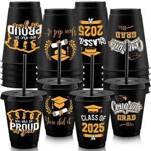 24 Pieces Plastic Graduation Cups 2025 16 oz Bulk Disposable Cup with Lid and Straw Congrats Grad Cups Reusable Gifts Tumbler for School Party Favors Beverage Coffee Tea(Black)