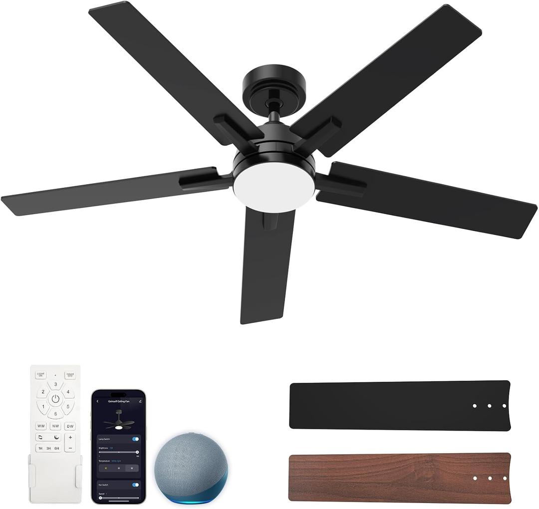 52 Inch Ceiling Fans with Lights, Black Smart Ceiling Fan Compatible with Alexa, LED Fan with Remote and 5 Two-Sided Blades, High CFM Ultra Quiet Large Fan for Bedroom, Living Room