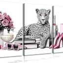 3Pcs Framed Leopard Print Canvas Wall Art Picture Fashion Cheetah Printed Stylish Pink Books High Heels Perfume Poster Painting Preppy Girl Wall Decor for Living Room Women Bedroom 12x16in