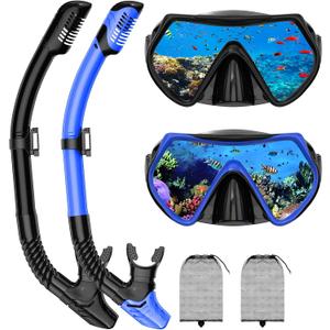 Snorkeling Gear for Adults, Adult Snorkel Mask Set Scuba Diving Dry-Top, Swimming Goggles w/Nose Cover, HD Tempered Glass Panoramic Anti-Leak Anti-Fog, Travel Snorkeling Packages Storage Bag, 2 Pack (Black+Blue)