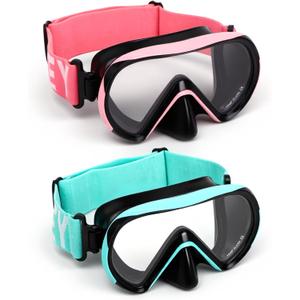 Diving Masks for Kids, Goggles with Nose Cover, Elastic Strap, Tempered Glass (2 Pack-Black Cyan & Black Pink)