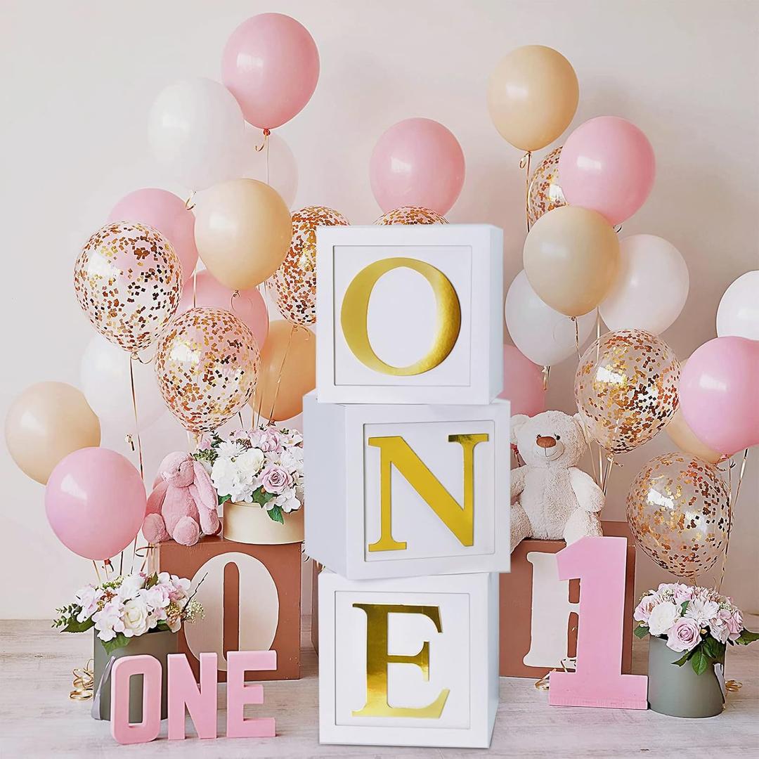 First Birthday Decorations for Girl Boy - 3pcs Stereoscopic Balloon Boxes with ONE Letters for Baby 1st Birthday Party Supplies, Baby Cube Blocks for ABC Photography Props Table Centerpiece
