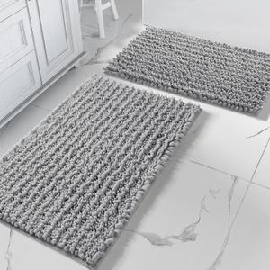 Yimobra Bathroom Rugs Sets 2 Piece - Quick Dry Extra Thick Luxury Chenille Bath Mat, Non Slip Super Absorbent for Tub Shower Sink, Machine Washable Shaggy Floor Mat, 32"x20"+24"x17" Inch, Grey