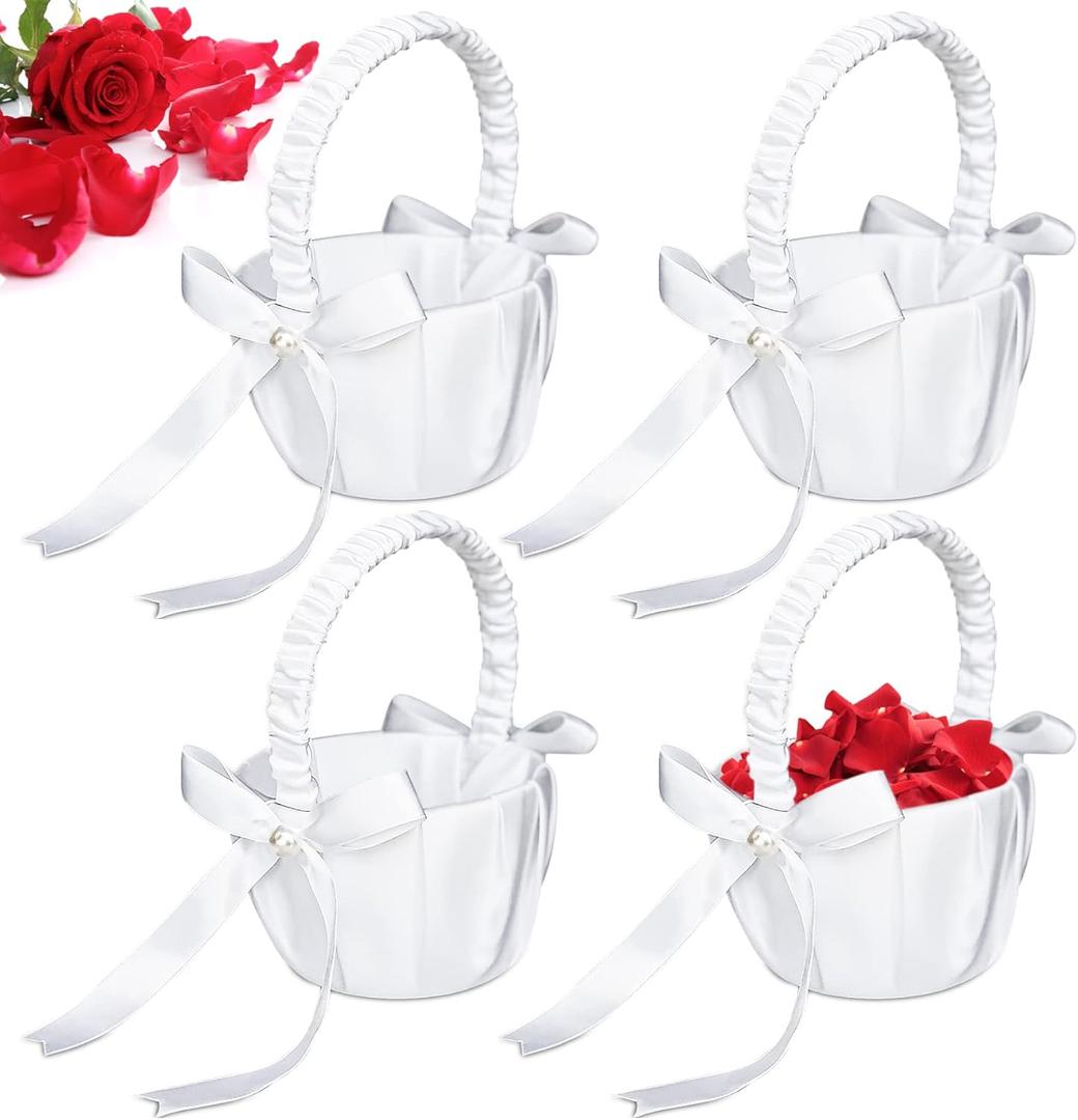White Flower Girl Baskets for Weddings, Ivory Flower Girl Basket, Wedding Banquet Party Supplies, 8 x 5 x 3.5 Inches (4 Pcs)