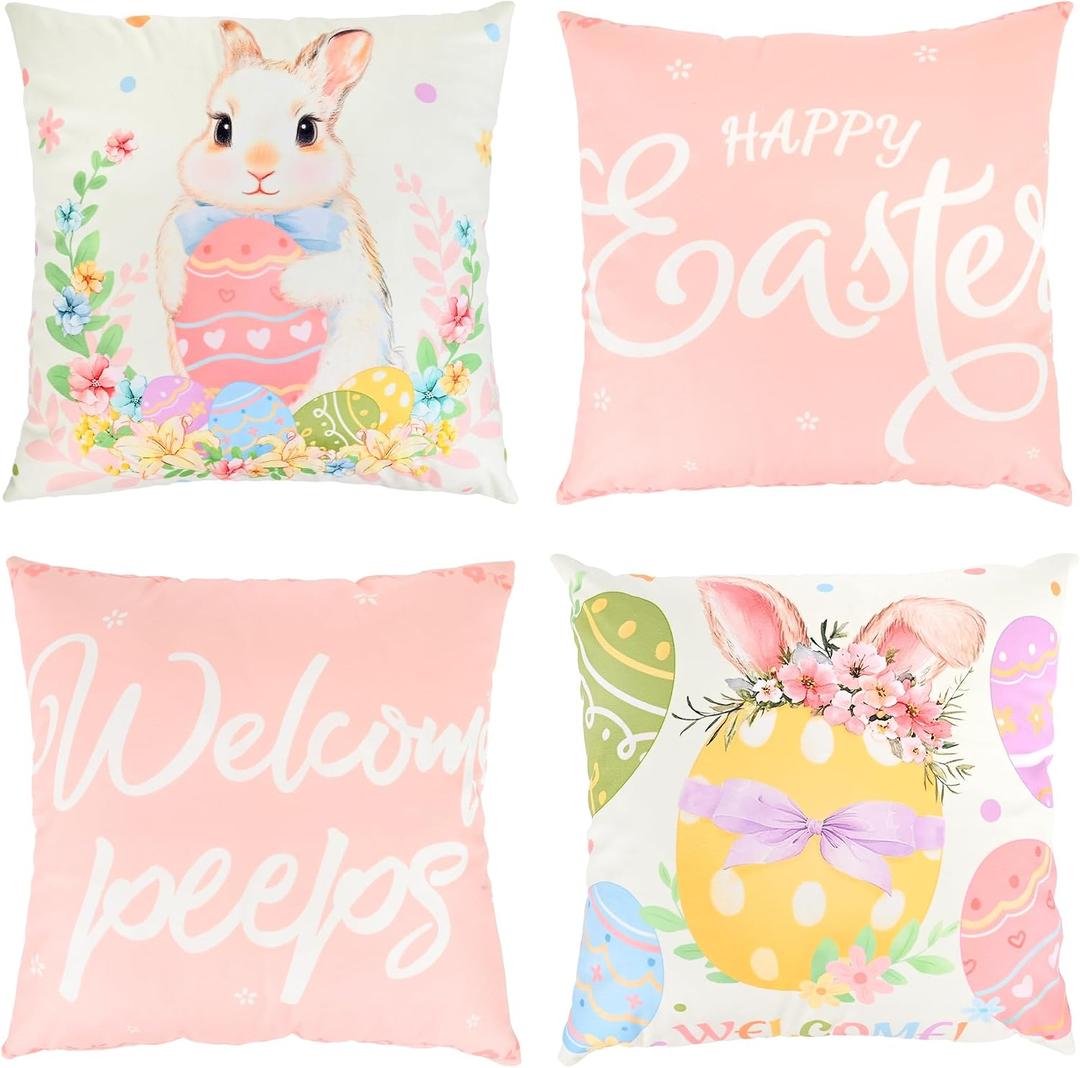 Feuille Happy Easter Throw Pillow Covers Set of 4 18x18 Inch Bunny & Eggs Spring Decorative Pillow Cases, Farmhouse Easter Decor for Sofa Couch Bed