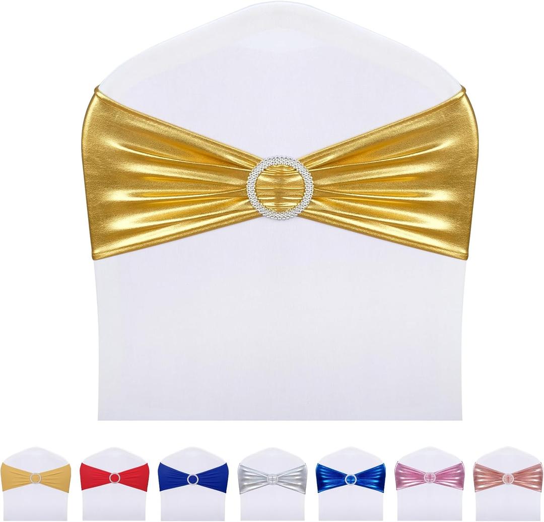 LEBENGURU Metallic Gold Spandex Chair Sashes, 30pcs Premium Stretch Bows With Buckle Slider, Universal Elastic Bands for Wedding Party Banquet Decoration LEBENGURU Metallic Gold Spandex Chair Sashes, 30pcs Premium Stretch Bows With Buckle Slider, Universal Elastic Bands for Wedding Party Banquet Decoration