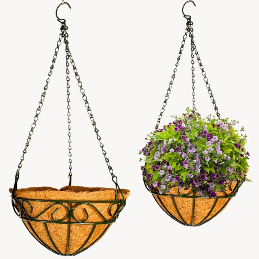 2 pack Metal Hanging Planter Basket with Coco Liner Chain Round Wire Plant Holder Flower Pots Hanger Garden Decoration Porch Decor Watering Hanging Baskets Indoor Outdoor (10in S Shape Black)