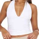 YFANG Women's Sexy Halter Top Deep V Neck Ruched Crop Tank Top Double-Layer Going Out Tops XS