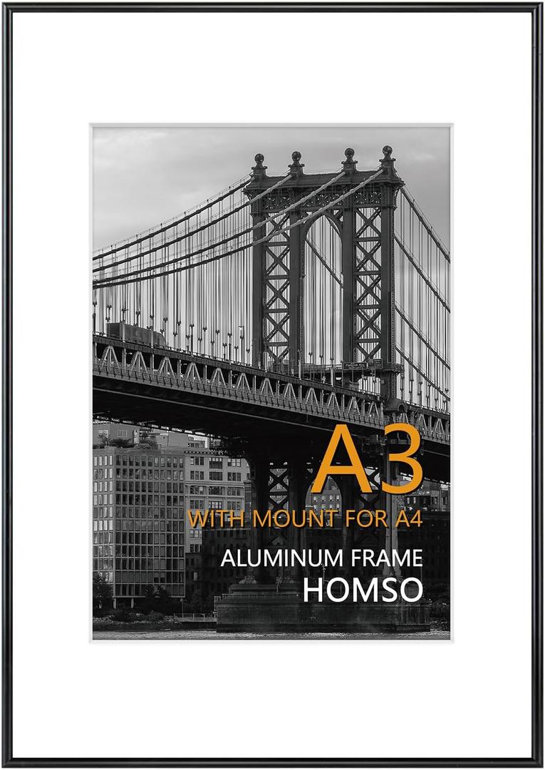Homso A3 Frame in Black, Metal Thin Board A3 Picture Frame with Acrylic Plexiglass for Pictures A4 with Mat or 11.7 x 16.5 without Mat for Horizontal and Vertical