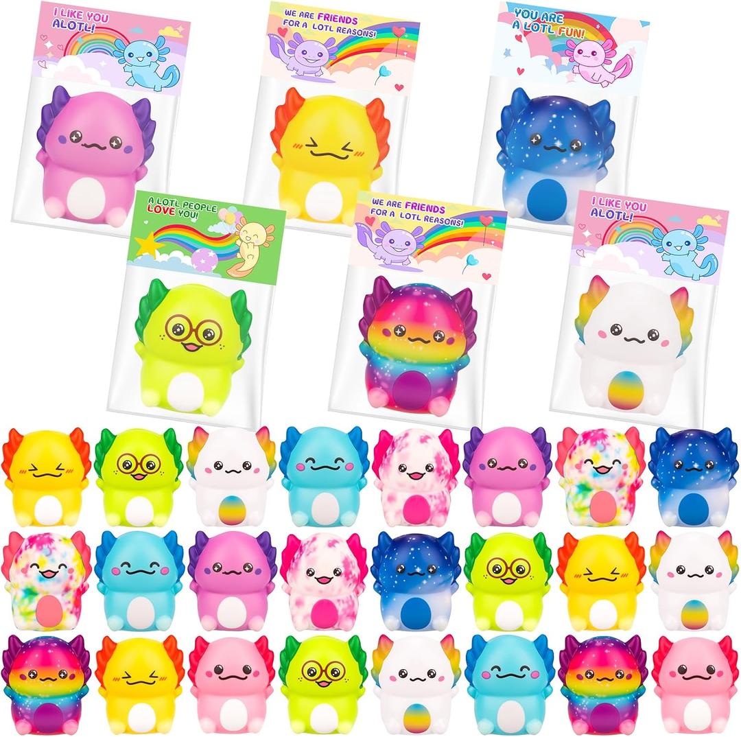 Valentines Day Gifts for Kids, 24PCS Valentine's Day Cards for Kids Classroom with Axolotl Squishy Toys, Valentine Stress Relief Toys for Kid School Classroom Exchange Gift Party Prize
