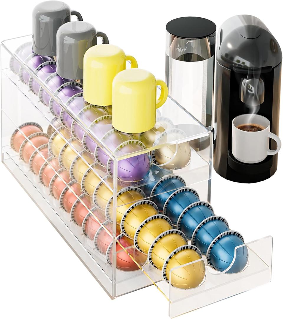Acrylic Coffee Pod Organizer for Nespresso Vertuo Pod Holder 60 Pods Clear Vertuo Pod Storage Drawer (3 Tier)