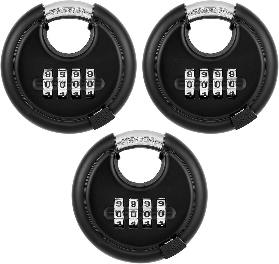 3 Pack Outdoor Combo Lock for Storage Unit 4-Digit Disc Combination Lock Outdoor 4 Digit Disc Padlock with Hardened Steel Shackle for Storage Unit, Gate, Fence, Trailer(3/8-Inch Shackle, Black)
