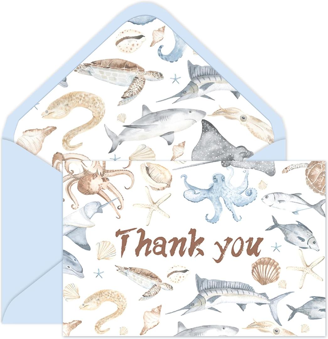 24pcs Baby Shower Ocean Thank You Cards with Envelopes, Sea Animals Greeting Cards for Baby Shower, Bridal Shower and Wedding, 4 x 6 Inch