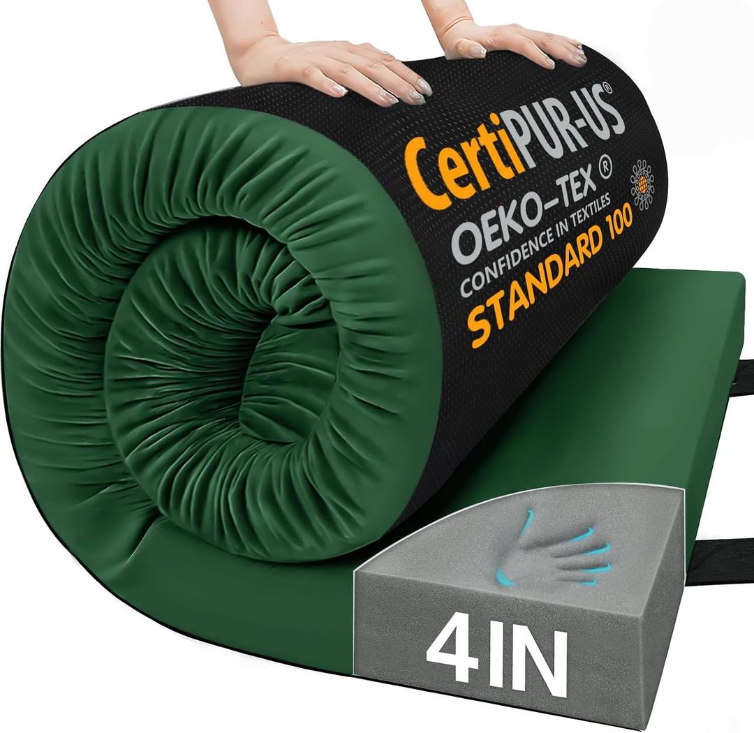 CYMULA 4 Inch Memory Foam Camping Pad, Camping Essentials Roll Up Floor Mat for Car Camping, Cot, Tent, Truck, Travel and Guest Use, Non-Slip Waterproof Bottom, Removable Cover